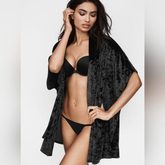 Victoria's Secret Intimates Sleepwear Black Velvet Open Kimono Cardigan (Size L) - Picture 1 of 9